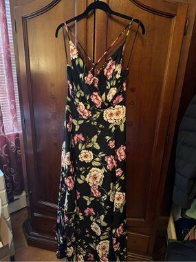Yumi Kim Black Maxi Slip Dress with Pink and Cream Floral Print